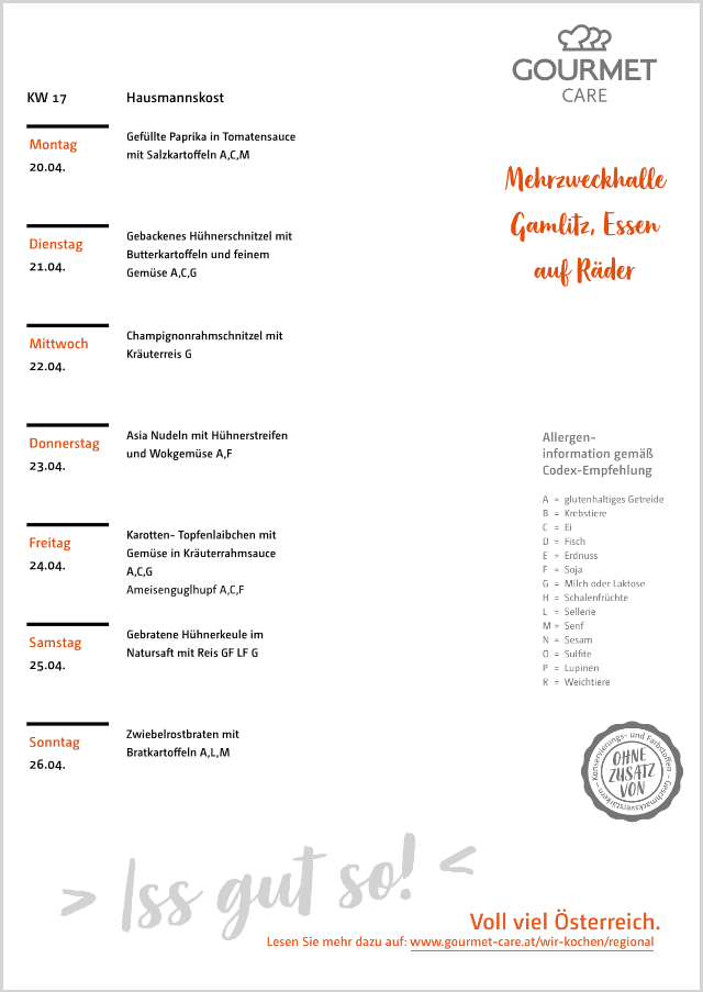 Gamlitz: KW 17 🍚​ Wochenplan🚗 Essen auf Rädern 🚗